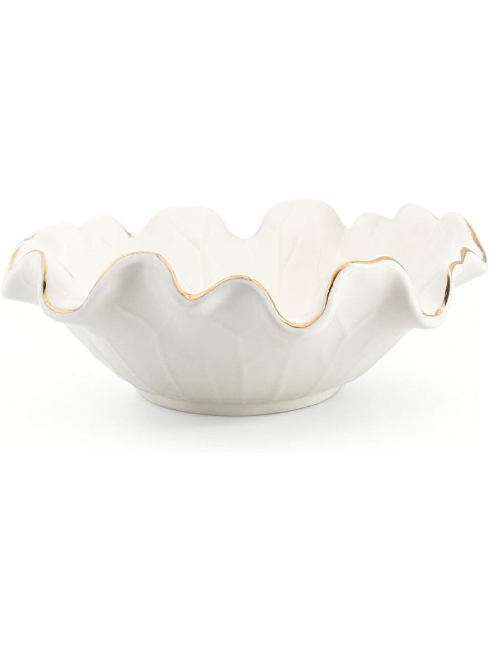 Modern 8" White Ceramic Ruffle Bowl with Gold Trim - Decorative Catch-All for